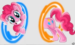 Size: 512x308 | Tagged: safe, artist:0pika-chan0, imported from derpibooru, pinkie pie, earth pony, pony, cute, diapinkes, female, grin, mare, now you're thinking with portals, portal, portal (valve), signature, smiling, solo