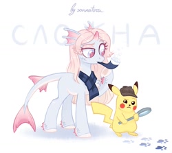 Size: 1282x1141 | Tagged: safe, artist:sonnatora, imported from derpibooru, oc, oc only, original species, pikachu, pony, clothes, detective pikachu, magnifying glass, pipe, pokémon, scarf