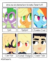 Size: 600x736 | Tagged: safe, artist:kimiwona15, imported from derpibooru, applejack, rainbow dash, spike, dragon, earth pony, human, pegasus, pony, six fanarts, adrien agreste, bust, crossover, female, freckles, katsuki bakugou, male, mare, mask, miraculous ladybug, my hero academia, ore monogatari!!, scowl, smiling, takeo gouda, winged spike, wings