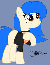 Size: 1916x2465 | Tagged: safe, artist:circuspaparazzi5678, imported from derpibooru, oc, oc only, oc:coraline, earth pony, pony, base used, clothes, freckles, jacket, shirt, smiling, solo