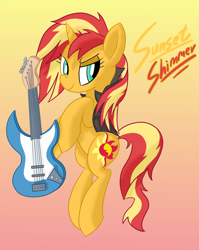 Size: 1594x2000 | Tagged: safe, artist:notadeliciouspotato, imported from derpibooru, sunset shimmer, pony, unicorn, alternate hairstyle, atg 2020, clothes, electric guitar, female, gradient background, guitar, jacket, mare, musical instrument, newbie artist training grounds, smiling, solo, text