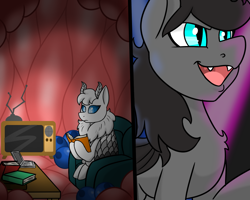 Size: 1000x800 | Tagged: safe, artist:noblebrony317, imported from derpibooru, oc, oc only, oc:lunai, oc:midnight, bat pony, moth, mothpony, original species, pony, bat pony oc, bat wings, blueberries, blueberry, book, computer, couch, endosoma, inside stomach, internal, laptop computer, lights, macro, micro, open mouth, sitting, stomach walls, table, television, uvula, vore, wings