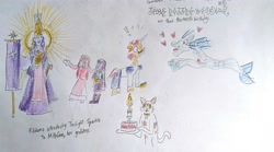 Size: 4032x2240 | Tagged: safe, artist:horsesplease, imported from derpibooru, flam, sonata dusk, twilight sparkle, oc, oc:radumo, cat, unown, equestria girls, birthday cake, cake, camp camp, candle, crown, daniel (camp camp), derp, fanfic art, female, flag, flamnata, food, goddess, graystillplays, halo, jewelry, male, mithûra, pokémon, rabydosverse, regalia, rooster teeth, shipping, spleens the cat, straight, traditional art