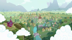 Size: 1280x720 | Tagged: safe, imported from derpibooru, screencap, background, canterlot castle, carousel boutique, cloud, cloudy, no pony, ponyville, ponyville schoolhouse, ponyville spa, ponyville town hall, sugarcube corner, sweet apple acres, sweet apple acres barn, tent, tents, water fountain, windmill