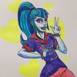 Size: 1080x1080 | Tagged: safe, artist:skuandich, imported from derpibooru, sonata dusk, equestria girls, clothes, female, heart, lipstick, peace sign, smiling, solo, traditional art