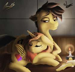 Size: 1576x1500 | Tagged: safe, artist:rhinaldy, imported from derpibooru, oc, oc only, oc:dan, oc:sweetie hearts, book, candle, collaboration, illustration, sleeping