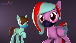 Size: 3840x2160 | Tagged: safe, artist:melodiousmarci, imported from derpibooru, oc, oc:marci pearl, oc:star beats, pegasus, pony, unicorn, 3d, coronavirus, covid-19, looking at you, mask, simple background, social distancing, source filmmaker