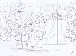 Size: 1024x759 | Tagged: safe, artist:xeviousgreenii, imported from derpibooru, princess luna, alicorn, bat pony, earth pony, pegasus, pony, adventurers, atg 2020, dungeon, female, guardsmare, male, mare, monochrome, newbie artist training grounds, night guard, royal guard, stallion, traditional art