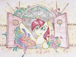 Size: 2737x2053 | Tagged: safe, artist:papersurgery, imported from derpibooru, roseluck, earth pony, pony, female, flower, looking at you, mare, open mouth, solo, traditional art, watercolor painting, window