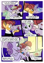 Size: 1024x1463 | Tagged: safe, artist:loryska, imported from derpibooru, sweetie belle, oc, oc:clarabelle, hybrid, pony, zony, comic:friendship grows, adopted offspring, carriage, cloven hooves, comic, female, filly, magic, offspring, older, parent:pipsqueak, parent:sweetie belle, parents:sweetiesqueak