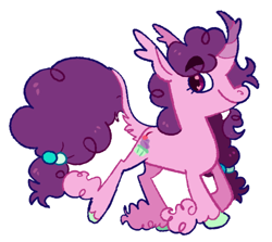 Size: 500x446 | Tagged: safe, artist:goatpaste, imported from derpibooru, sugar belle, pony, curved horn, ear fluff, eyebrows, eyebrows visible through hair, female, heart eyes, hoof fluff, horn, leonine tail, long feather, solo, unshorn fetlocks, wingding eyes