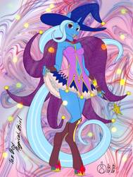 Size: 1134x1500 | Tagged: safe, artist:sepiakeys, imported from derpibooru, trixie, anthro, unguligrade anthro, unicorn, abstract background, belly window, boots, cape, clothes, cutout, female, hat, magical girl, magical girl outfit, shoes, skirt, solo, solo female, trixie's hat, wand