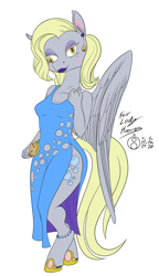 Size: 866x1500 | Tagged: safe, artist:sepiakeys, imported from derpibooru, derpy hooves, anthro, pegasus, unguligrade anthro, anklet, clothes, clothing cutout, clutch, cross-eyed, cutout, dress, ear piercing, earring, fancy dress, female, grand galloping gala, horseshoes, jewelry, makeup, piercing, side slit, solo, styled hair