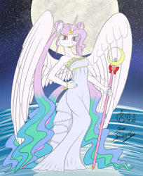 Size: 1221x1500 | Tagged: safe, artist:sepiakeys, imported from derpibooru, princess celestia, alicorn, anthro, alternate hairstyle, clothes, crossover, dress, female, moon, queen serenity, sailor moon, solo, staff, wings