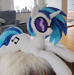 Size: 1496x1508 | Tagged: safe, artist:epicrainbowcrafts, imported from derpibooru, dj pon-3, vinyl scratch, original species, plush pony, pony, furniture, house, irl, life size, photo, plushie, prone, realistic, solo, toy, window