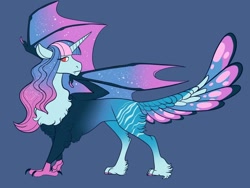 Size: 1024x768 | Tagged: safe, artist:loryska, imported from derpibooru, oc, oc only, hybrid, blue background, ethereal mane, ethereal wings, interspecies offspring, offspring, parent:discord, parent:princess celestia, parents:dislestia, simple background, solo, wings