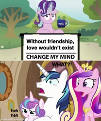 Size: 1000x1200 | Tagged: safe, artist:aleximusprime, edit, edited screencap, imported from derpibooru, screencap, princess cadance, princess flurry heart, shining armor, starlight glimmer, alicorn, unicorn, once upon a zeppelin, :i, change my mind, chocolate, crown, cup, food, funny, hot chocolate, i mean i see, jewelry, mematic, meme, reaction image, regalia, varying degrees of what