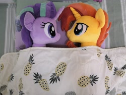 Size: 384x512 | Tagged: safe, artist:nekokevin, imported from derpibooru, starlight glimmer, sunburst, unicorn, bed, blanket, female, irl, male, photo, plushie, shipping, starburst, straight