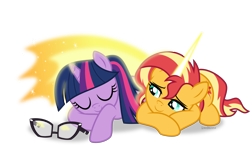 Size: 5300x3388 | Tagged: safe, artist:limedazzle, imported from derpibooru, sci-twi, sunset shimmer, twilight sparkle, pony, unicorn, equestria girls, absurd resolution, cute, daydream shimmer, duo, equestria girls ponified, female, hug, lesbian, magic, prone, scitwishimmer, shipping, show accurate, simple background, sleeping, sunglasses, sunsetsparkle, transparent background, unicorn sci-twi, winghug