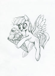 Size: 852x1165 | Tagged: safe, artist:maytee, imported from derpibooru, derpy hooves, pegasus, pony, female, food, grayscale, happy, hoof hold, ice cream, ice cream cone, mare, monochrome, pencil drawing, simple background, smiling, solo, traditional art, white background