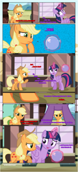 Size: 1919x4225 | Tagged: safe, artist:estories, imported from derpibooru, applejack, twilight sparkle, alicorn, earth pony, pony, comic:a(pple)ffection, what lies beneath, applejack's hat, comic, communication orb, cowboy hat, floppy ears, framed by legs, hat, magic, show accurate, telekinesis, train station, twilight sparkle (alicorn), vector