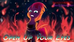 Size: 1334x750 | Tagged: safe, artist:cadetredshirt, imported from derpibooru, fizzlepop berrytwist, tempest shadow, pony, unicorn, digital art, female, fire, open up your eyes, simple background, solo, thumbnail