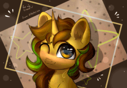 Size: 573x396 | Tagged: safe, artist:radioaxi, artist:reterica, imported from derpibooru, oc, oc only, oc:awkward dork, pony, unicorn, :p, abstract background, animated, chest fluff, femboy, gif, looking at you, male, one eye closed, smiling, solo, stallion, tongue out, wink