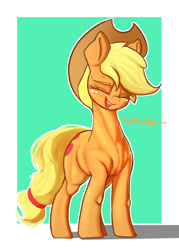 Size: 1250x1750 | Tagged: safe, artist:welost, imported from derpibooru, applejack, earth pony, pony, applejacked, eyes closed, female, hat, laughing, mare, muscles, nudity, open mouth, simple background, smiling, solo