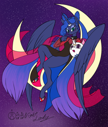 Size: 1278x1500 | Tagged: safe, artist:sepiakeys, imported from derpibooru, princess luna, anthro, unguligrade anthro, alternate hairstyle, black lady, clothes, crossover, dress, female, moon, sailor moon, see-through, solo