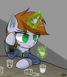 Size: 1300x1500 | Tagged: safe, artist:starmaster, imported from derpibooru, oc, oc only, oc:littlepip, pony, unicorn, fallout equestria, alcohol, annoyed, blank stare, booze, bored, brown mane, clothes, ear fluff, empty eyes, eye clipping through hair, eyebrows, eyebrows visible through hair, eyelashes, fanfic, fanfic art, featured image, female, glass, glowing horn, gray coat, green eyes, hoof on cheek, hoof on head, hooves, horn, jumpsuit, levitation, looking at something, magic, magic aura, mare, no pupils, pipbuck, shot glass, signature, solo, sparkles, spilled drink, stare, supporting head, table, telekinesis, three quarter view, unicorn oc, vault suit