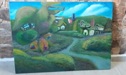 Size: 1280x769 | Tagged: safe, artist:khaki-cap, imported from derpibooru, bush, canvas, cloud, golden oaks library, grass, happy birthday mlp:fim, house, houses, mlp fim's tenth anniversary, oil painting, pathway, ponyville, scenery, sky, sugarcube corner, traditional art, tree, village
