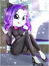 Size: 1800x2392 | Tagged: safe, artist:artmlpk, imported from derpibooru, rarity, equestria girls, adorable face, adorasexy, adorkable, alternate hairstyle, animal costume, ass, beautiful, bow, bowtie, breasts, busty rarity, butt, cat costume, cat ears, cat tail, catsuit, clothes, costume, cute, digital art, dork, female, high heels, looking at you, outfit, raribetes, raricat, rearity, sexy, shoes, short hair, sitting, smiling, smiling at you, solo, suit, tongue out, watermark