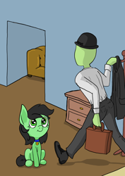 Size: 1000x1414 | Tagged: safe, artist:happy harvey, edit, imported from derpibooru, oc, oc only, oc:anon, oc:filly anon, earth pony, human, pony, briefcase, clothes, coat, coat rack, collar, couch, drawer, drawn on phone, female, filly, hallway, hat, looking up, meme, name tag, pet, phone drawing, pony pet, sitting, walking