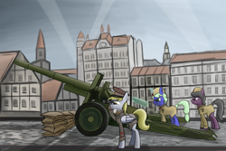 Size: 2850x1900 | Tagged: safe, artist:sinniepony, imported from derpibooru, derpy hooves, oc, unnamed oc, earth pony, pegasus, pony, unicorn, artillery, binoculars, city, clothes, female, glowing horn, horn, magic, mare, red army, sandbag, shell, soviet, soviet union, telekinesis, uniform, world war ii