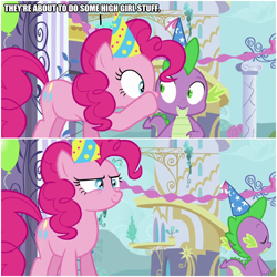 Size: 1000x1000 | Tagged: safe, edit, edited screencap, imported from derpibooru, screencap, pinkie pie, spike, dragon, earth pony, pony, amending fences, comic, female, hat, male, mare, party hat, screencap comic