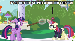 Size: 739x406 | Tagged: safe, edit, edited screencap, imported from derpibooru, screencap, lemon hearts, moondancer, twilight sparkle, alicorn, earth pony, unicorn, amending fences, apple, cake, food, glowing horn, horn, magic, pie, piñata, sad, stick, talking, telekinesis, twilight sparkle (alicorn)