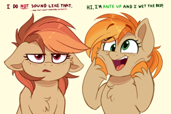 Size: 1442x963 | Tagged: safe, artist:thegamblehorse, imported from derpibooru, oc, oc only, oc:ante up, oc:parlay, earth pony, pony, annoyed, colored sketch, derp, dialogue, duo, female, freckles, implied bedwetting, siblings, sisters, twins, unshorn fetlocks