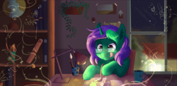 Size: 1920x937 | Tagged: safe, artist:zobaloba, imported from derpibooru, oc, oc only, oc:buggy code, pony, unicorn, book, bookshelf, brush, commission, digital art, drawing, glasses, globe, imagination, lamp, pencil, plant, solo, tongue out, window, ych example, ych result, your character here