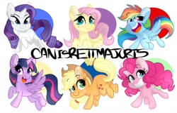 Size: 1024x659 | Tagged: safe, artist:canisrettmajoris, imported from derpibooru, applejack, fluttershy, pinkie pie, rainbow dash, rarity, twilight sparkle, alicorn, earth pony, pegasus, pony, unicorn, chibi, cute, female, mane six, mare, signature, smiling, sticker, twilight sparkle (alicorn)