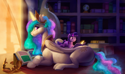 Size: 2200x1312 | Tagged: safe, artist:tsitra360, imported from derpibooru, princess celestia, twilight sparkle, alicorn, pony, unicorn, blank flank, book, bookshelf, butt, cute, cutelestia, cutie mark, female, filly, filly twilight sparkle, hoers, indoors, looking back, lying down, magic, momlestia, plot, ponies riding ponies, profile, prone, reading, relaxing, riding, size difference, smiling, sunbutt, teacher and student, telekinesis, twiabetes, twilight riding celestia, twily, unicorn twilight, younger