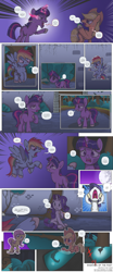 Size: 3000x7246 | Tagged: safe, artist:perfectblue97, imported from derpibooru, applejack, fluttershy, rainbow dash, rarity, twilight sparkle, changeling, pegasus, pony, unicorn, comic:shadows of the past, chest fluff, comic, glowing horn, hide, hoof hold, horn, mare in the moon, moon, nipples, nudity, open mouth, speech bubble, tree, unicorn twilight