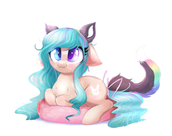 Size: 1687x1333 | Tagged: safe, artist:confetticakez, imported from derpibooru, oc, oc only, pony, bow, cat ears, cat tail, clothes, costume, cute, fangs, female, heterochromia, lying down, mare, ocbetes, simple background, solo, white background