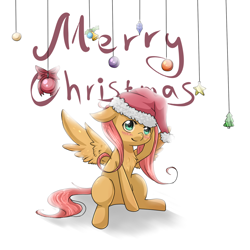 Size: 1000x1000 | Tagged: safe, artist:tomat-in-cup, imported from derpibooru, fluttershy, pegasus, pony, 2012, bauble, blushing, chest fluff, christmas, female, floppy ears, hat, holiday, looking at you, mare, merry christmas, raised hoof, santa hat, sitting, smiling, solo, spread wings, wings