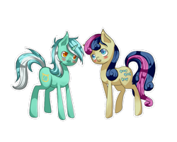 Size: 845x680 | Tagged: safe, artist:tomat-in-cup, imported from derpibooru, bon bon, lyra heartstrings, sweetie drops, earth pony, pony, unicorn, blushing, duo, female, mare, simple background, transparent background