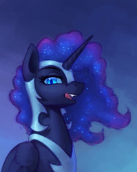 Size: 620x777 | Tagged: safe, artist:asimos, imported from derpibooru, nightmare moon, alicorn, pony, bueno, female, gradient background, licking, licking lips, looking at you, mare, open mouth, solo, tongue out