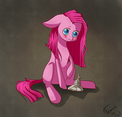 Size: 1405x1357 | Tagged: safe, artist:tomat-in-cup, imported from derpibooru, pinkie pie, earth pony, pony, female, mare, pinkamena diane pie, rock, sad, signature, solo