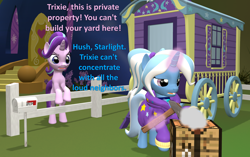 Size: 1716x1080 | Tagged: safe, artist:red4567, imported from derpibooru, starlight glimmer, trixie, 3d, alternate hairstyle, angry, atg 2020, babysitter trixie, clothes, fence, hammer, hoodie, mailbox, newbie artist training grounds, source filmmaker, trixie's wagon, twilight's castle