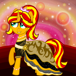 Size: 1200x1200 | Tagged: safe, artist:katya, imported from derpibooru, sunset shimmer, unicorn, clothes, crown, dress, evening, jewelry, regalia, sun, sunset
