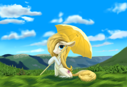Size: 3200x2206 | Tagged: safe, anonymous artist, imported from derpibooru, oc, oc only, oc:aryanne, earth pony, pony, art pack:marenheit 451, cloud, cloudy, grass, grass field, hoof hold, looking at you, nazi, scenery, sitting, smiling, swastika, umbrella
