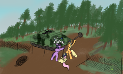 Size: 2000x1216 | Tagged: safe, artist:frostclaw, imported from derpibooru, applejack, fluttershy, shining armor, twilight sparkle, atg 2020, fence, newbie artist training grounds, repairing, tank (vehicle)